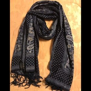 Long scarf with fringe. Navy/paisley. Like new.